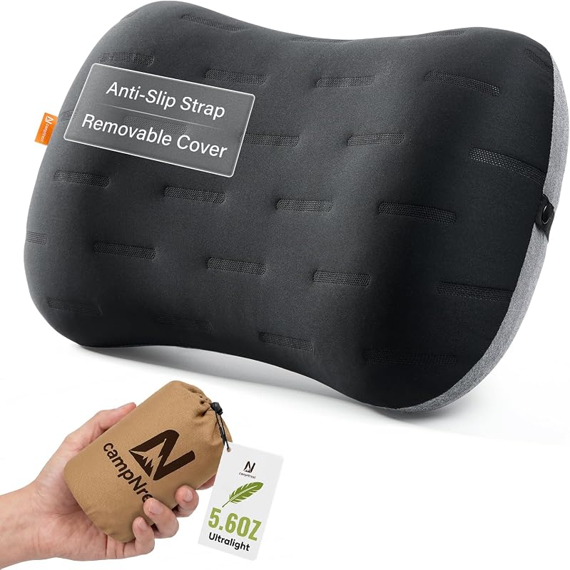Inflatable Camping Pillow - Ultralight Compact Air Pillow for Travel, Backpacking & Hiking - Ergonomic Neck & Lumbar Support - Portable Inflatable Pillow with Removable Washable Cover - (Black)