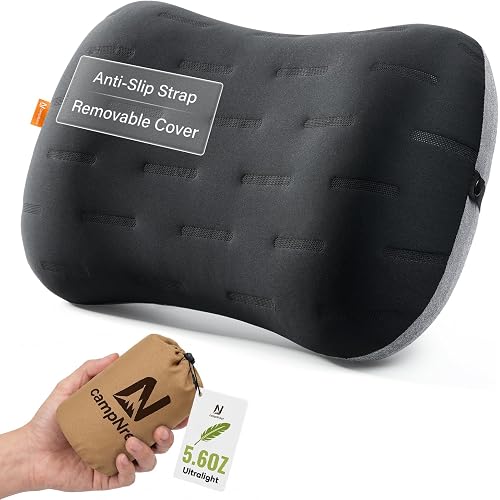 Inflatable Camping Pillow - Ultralight Compact Air Pillow for Travel, Backpacking & Hiking - Ergonomic Neck & Lumbar Support - Portable Inflatable Pillow with Removable Washable Cover - (Black)