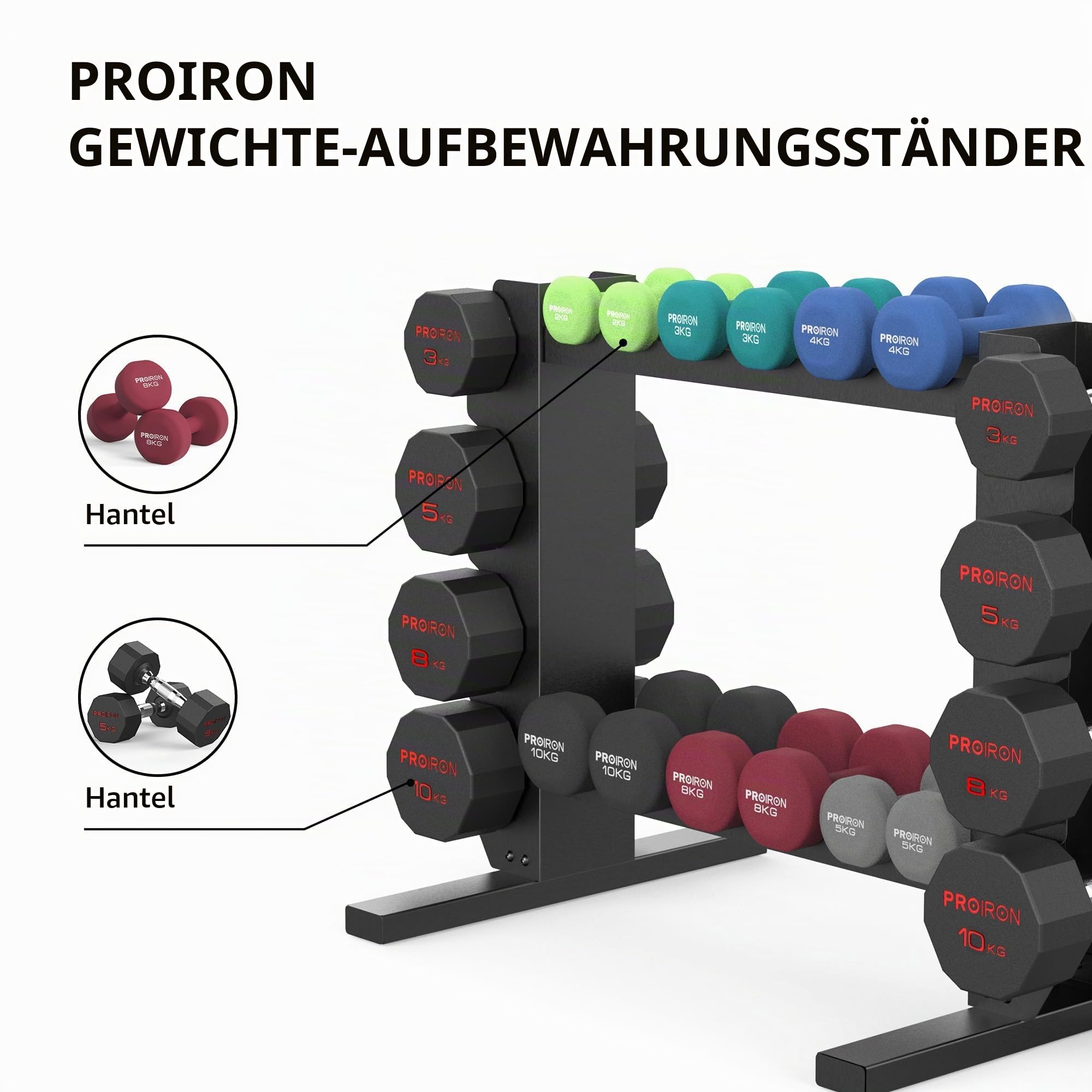 PROIRON Kompakte.stabile Hantelablage 20 Kurzhanteln.Mehrstöckige Hantelablage mit extralangen Stahlrohren (200 kg Belastbarkeit) Hantelständ Gewichtsständ Gewichtsaufbewahrungsständ
