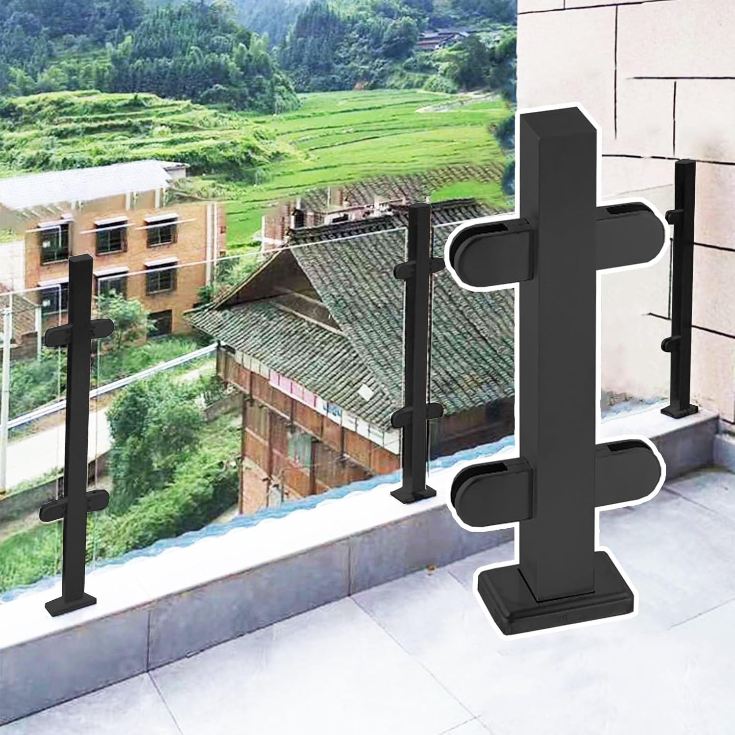 Black Glass Balustrade Posts 60cm 80cm 100cm - Stainless Steel Glass Railing System for 10-12mm Glass, Ideal for Deck, Patio & Stairs - Mid Post in Black, Height 65cm (25