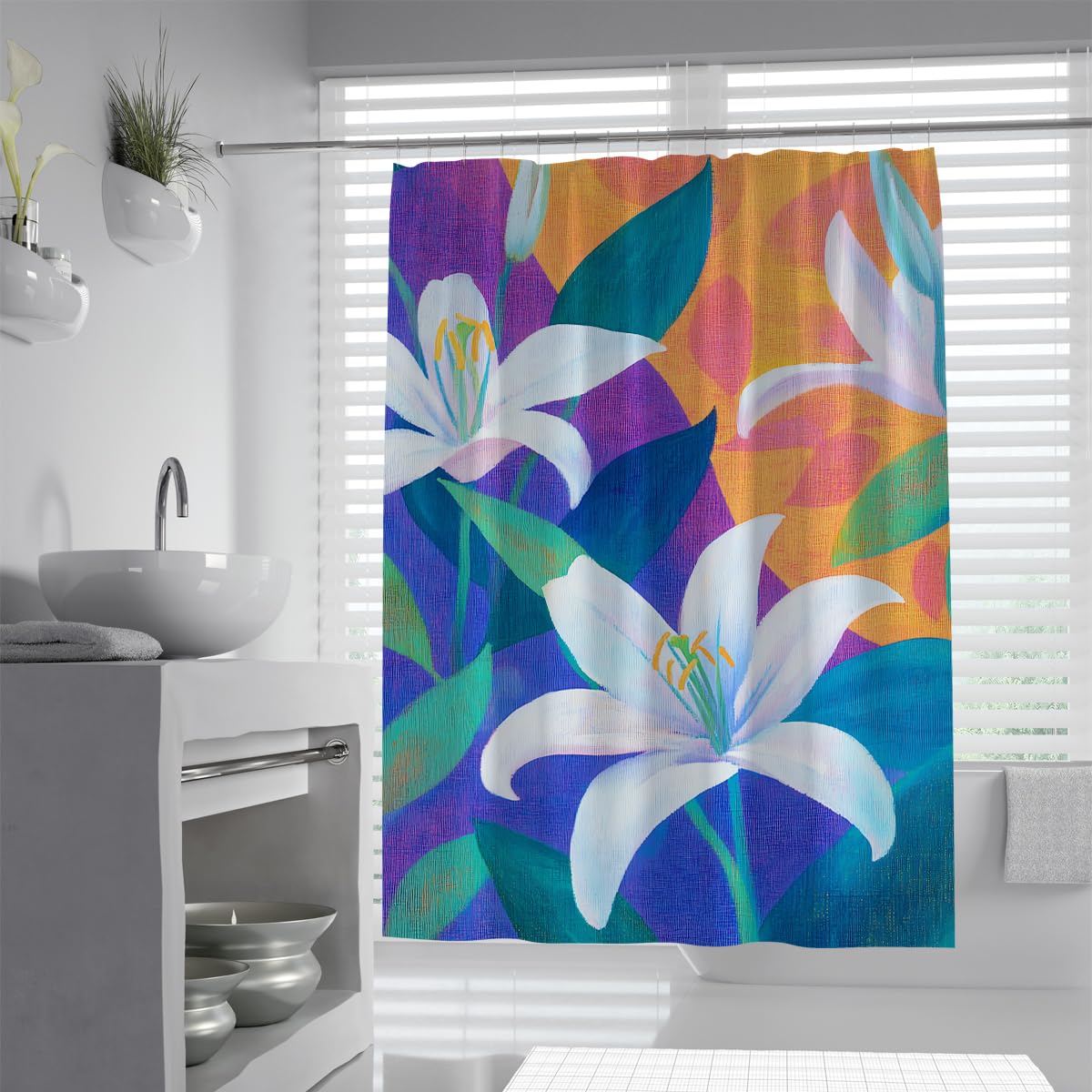 Rideau de bain floral mauve et orange pour salle de bain zen