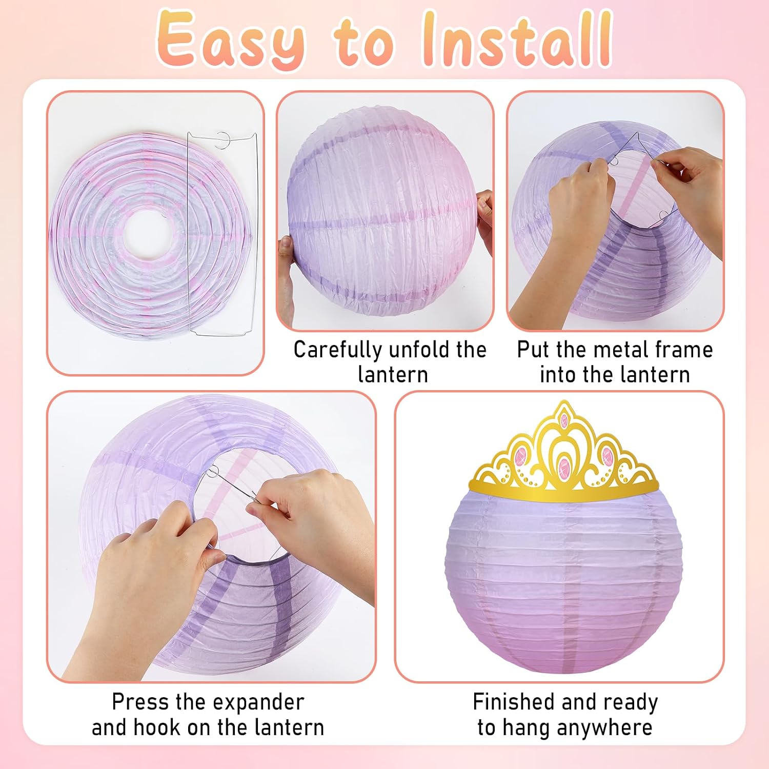 CHUNNIN 6Pcs Princess Hanging Paper Lanterns with Crown Cutouts Classroom Decoration Gradient Pastel Tissue Lantern Lamp for Wedding Birthday Baby Shower Girl Birthday Party School Home Decors