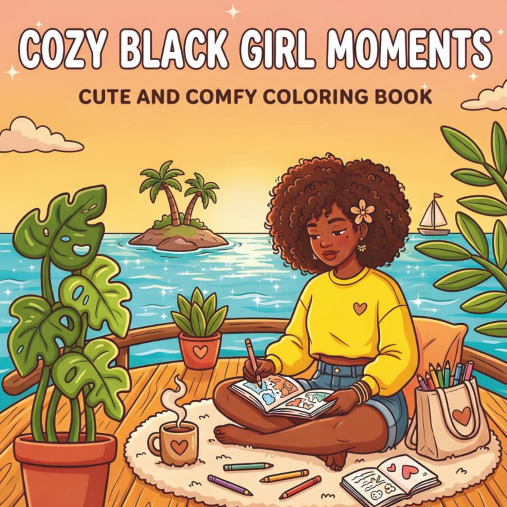 Cozy Black Girl Moments: Cute and Comfy Bold and Easy Self-Care Coloring Book for Adults and Teens — 43 Original Scenes of Black Girl Joy, Natural Hair, and Everyday Magic