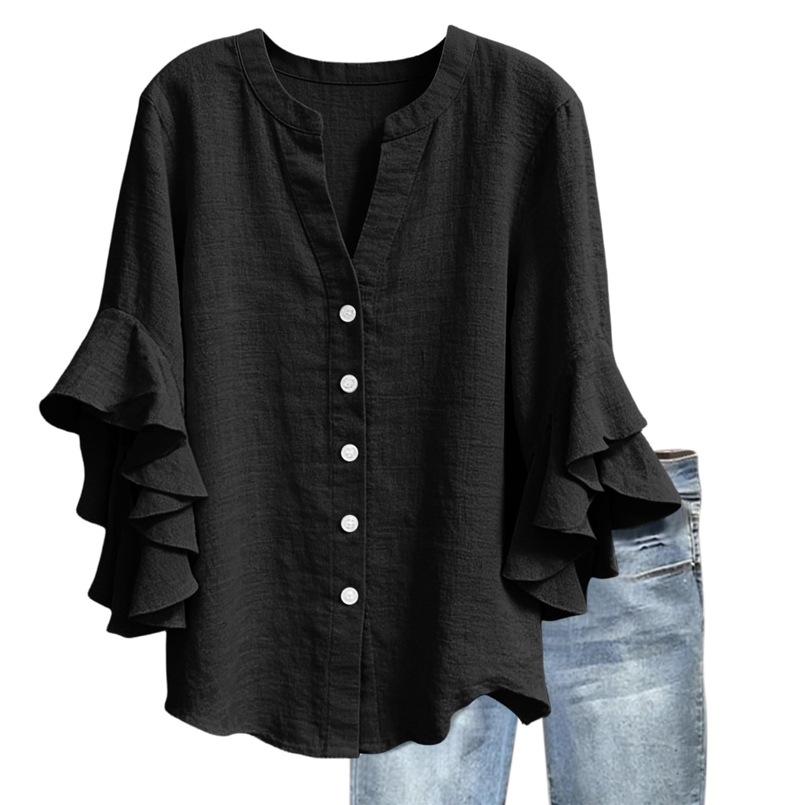 AACH 2026 Longshirt Damen Elegant Bluse 3/4 Ärmel Button-Down Leinenbluse V-Ausschnitt Sommer Oberteile Baumwolle Leinen Blusenshirt Modische Business Tunika Tops Einfarbig Lässig Tshirt
