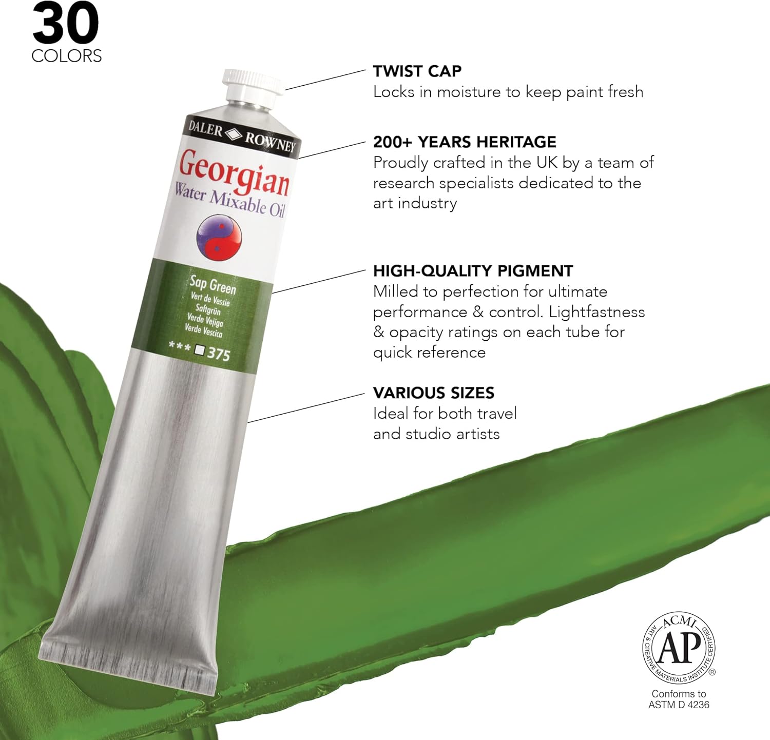 Daler Rowney Georgian Water Mixable Oil Paint Sap Green 200ml Tube - Art Paints for Canvas Paper and More - Oil Painting Supplies for Artists and Students - Artist Oil Paint for Any Skill Set
