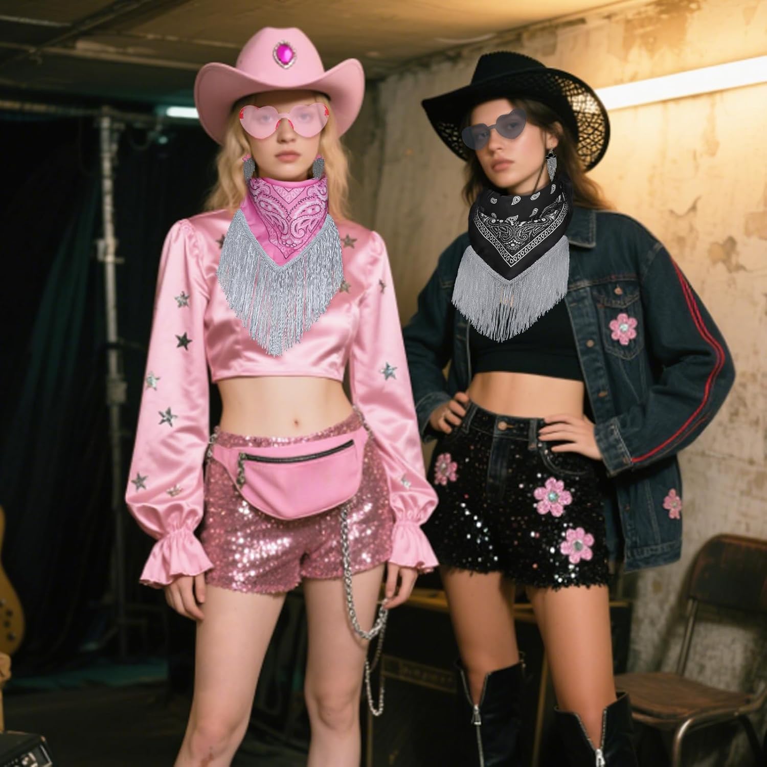 3 Pcs Cowgirl Fringe Bandana with Heart Sunglasses & Western Cowgirl Hat Tassel Earrings for Women Party Costume - Image 7