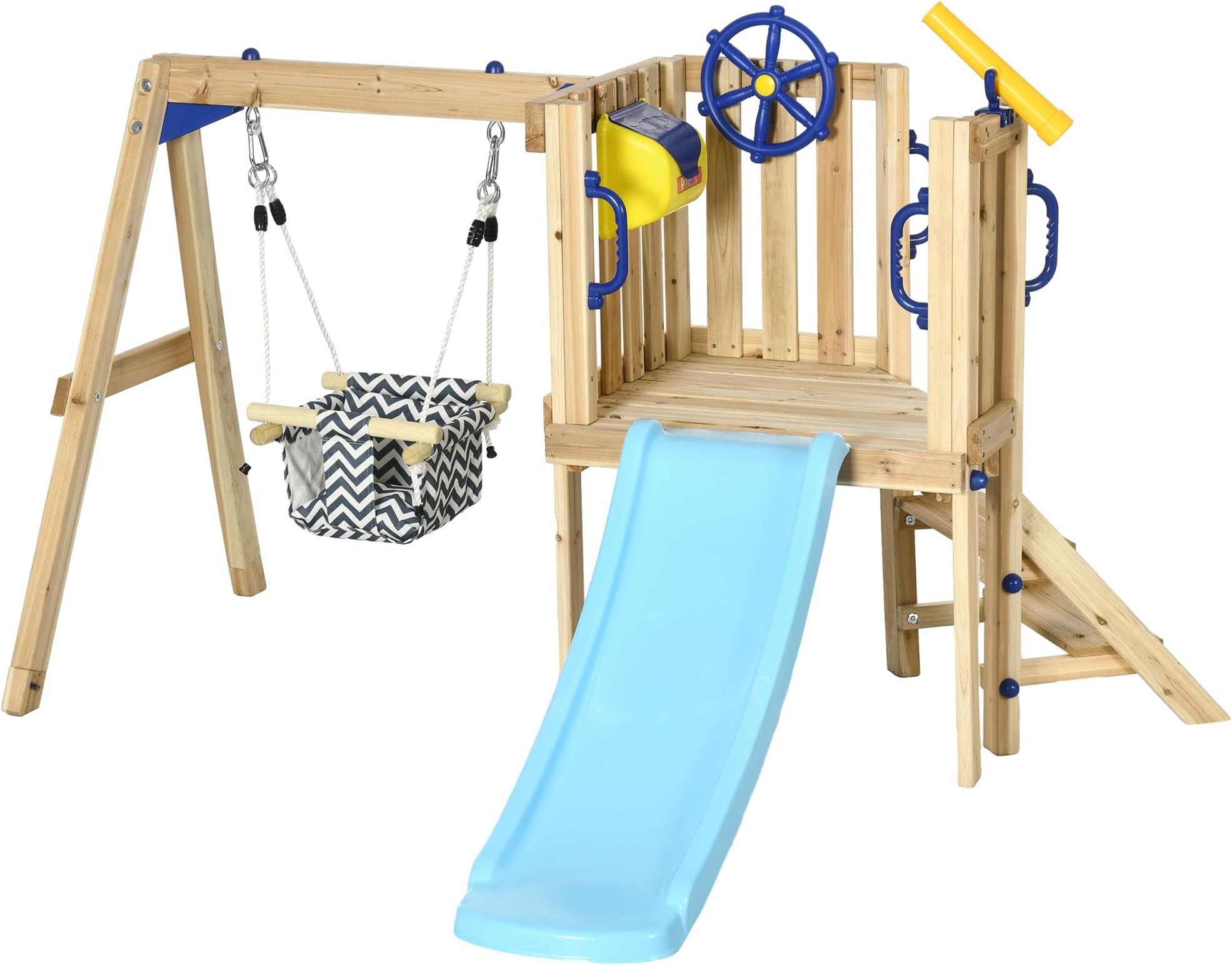 Outsunny Swing Set for Backyard, Wooden Toddler Outdoor Playset with Baby Swing Seat, Kids Slide, Fort, Playground Equipment with Captain's Wheel, Telescope for Ages 1.5-4, Natural