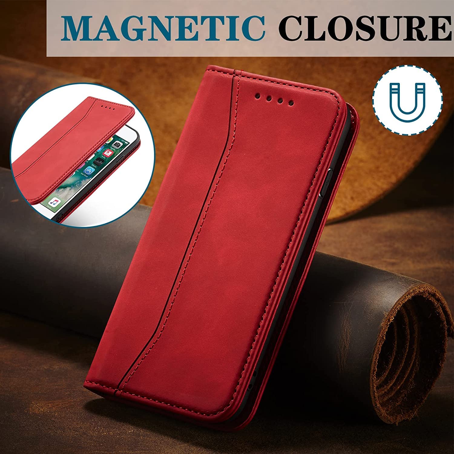 Cover per Sony Xperia 1 V, Custodia Flip Pelle Portafoglio Magnetica Libro [Slot Schede], Silicone TPU Bumper Wallet Supporto Cover, Custodia Antiurto [Kickstand] Protettiva Case (Rosso)