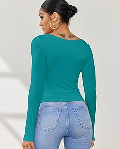 Dwnval Double Lined Square Neck Long Sleeve Shirts for Women - Basic Slim Fit Crop T Shirt