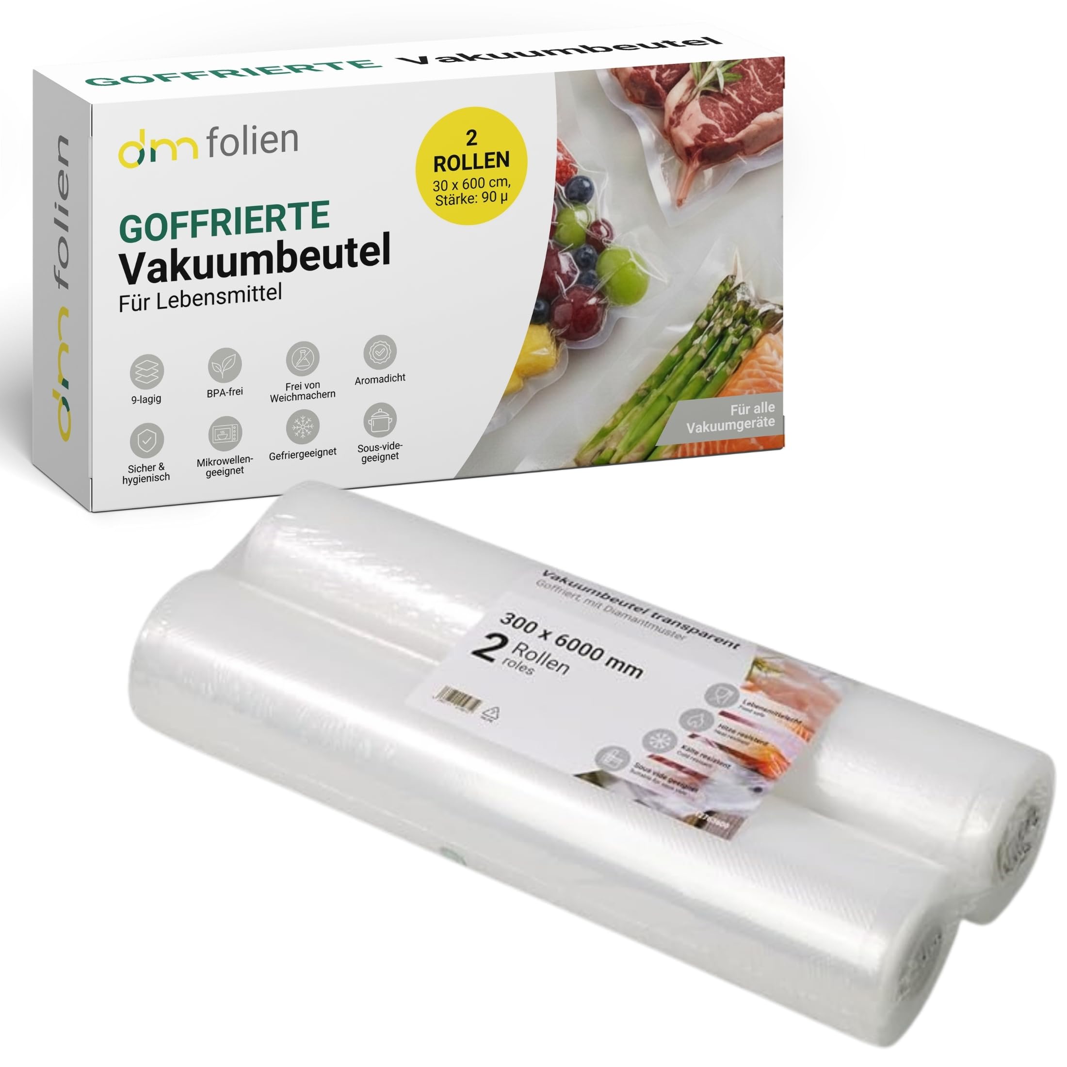 dm-folien Vakuumfolie I 2 Rollen à 20 x 600 cm I Goffrierte, reißfeste Folie für alle Vakuumiergeräte I Stärke 90 µ I Flexible Größen I Lebensmittelecht, BPA-frei, mikrowellen- & spülmaschinenfest