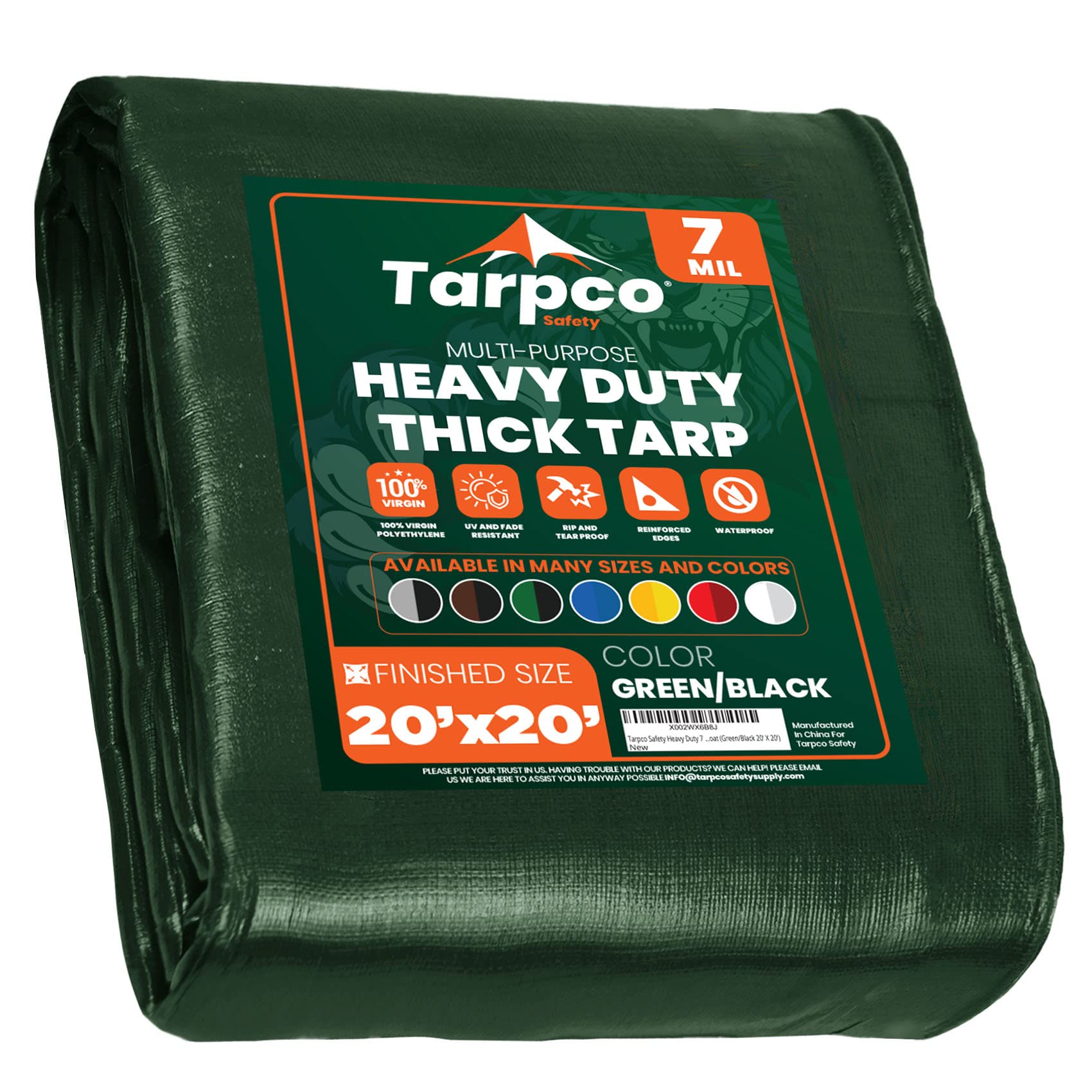 Heavy Duty 7 Mil Tarp Cover, Waterproof, UV Resistant, Rip and Tear Proof, Poly Tarpaulin with Reinforced Edges for Roof, Camping, Patio, Pool Cover, Boat (Green/Black 20′ X 20′)