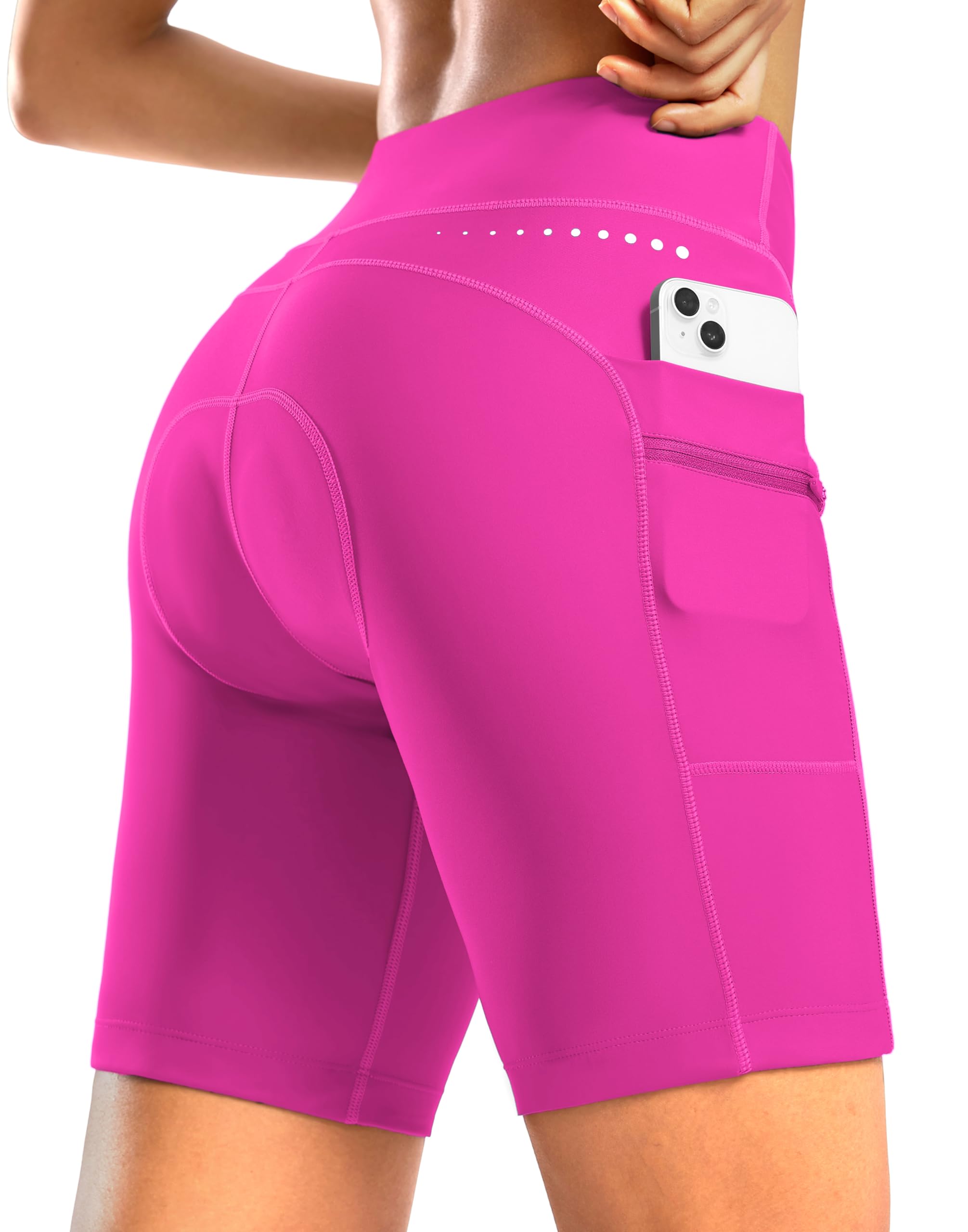 Women's 4D Padded Bike Shorts 7 Inch Cycling Bicycle Spinning Mountain Cycle Shorts for Women Zipper Pockets(Rosy,XS)
