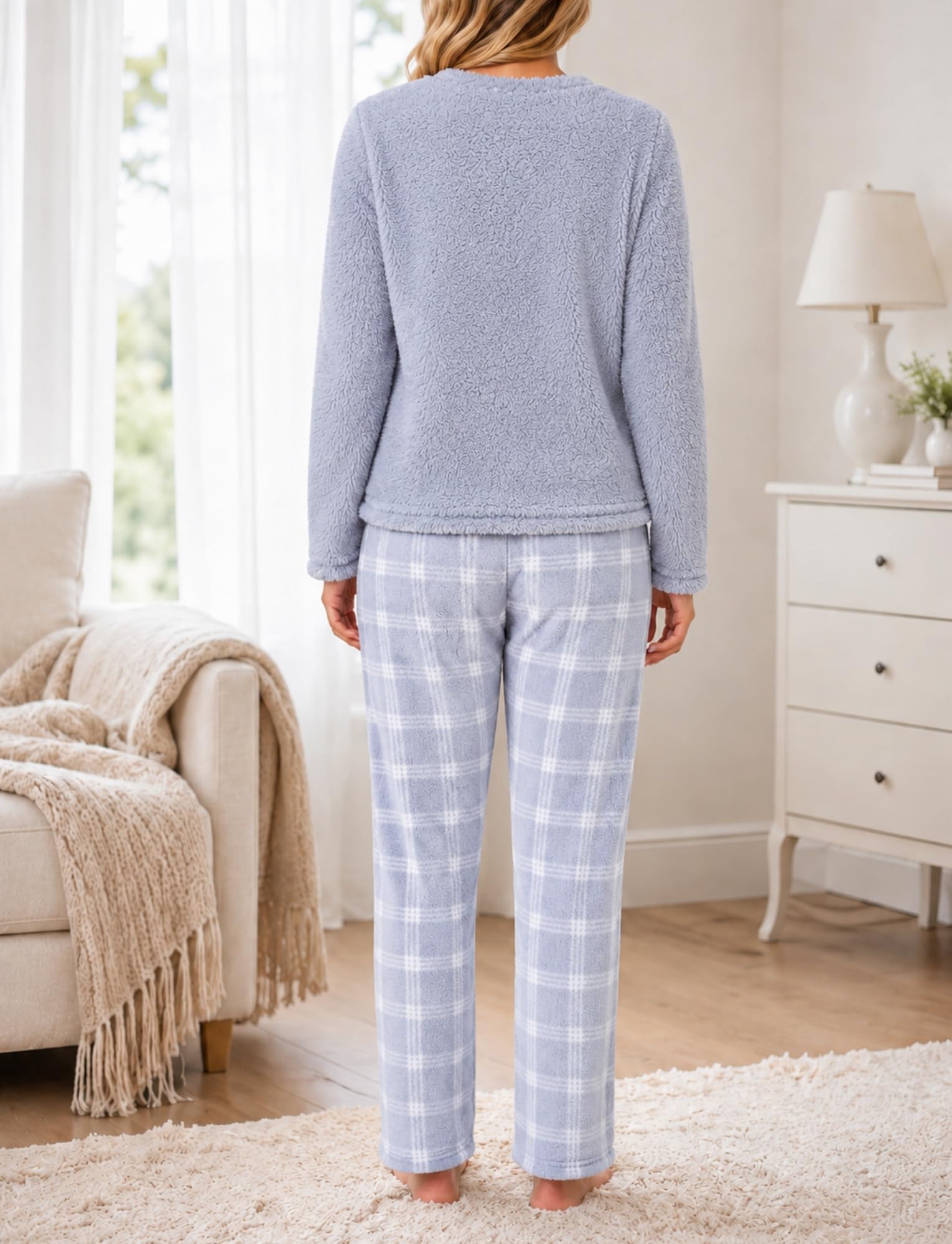 Conjunto de pijama de franela para mujer, diseño a cuadros, holgado, pijama cálido
