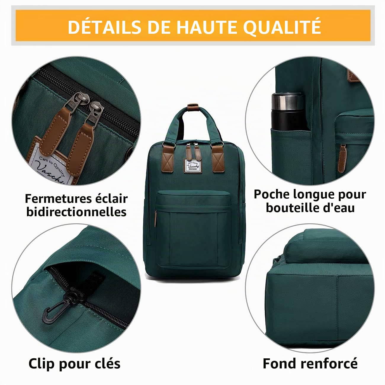 Sac à Dos Femme，VASCHY Sac a Dos Fille Sac à Dos Ordinateur Portable pour 15.6 Pouces Résistant à l'Eau Sac Scolaire Chic avec Deux Poches Bouteilles pour Voyage Collège,15.1L(Gardénia Bleu)