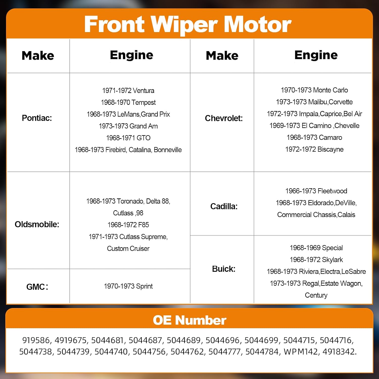 Front Wiper Motor Compatible with Buick Cadillac Chevy GMC Olds Pontiac 1968-1973 Replaces 4918342 4919586 4919675 5044681 5044687 5044689 5044696