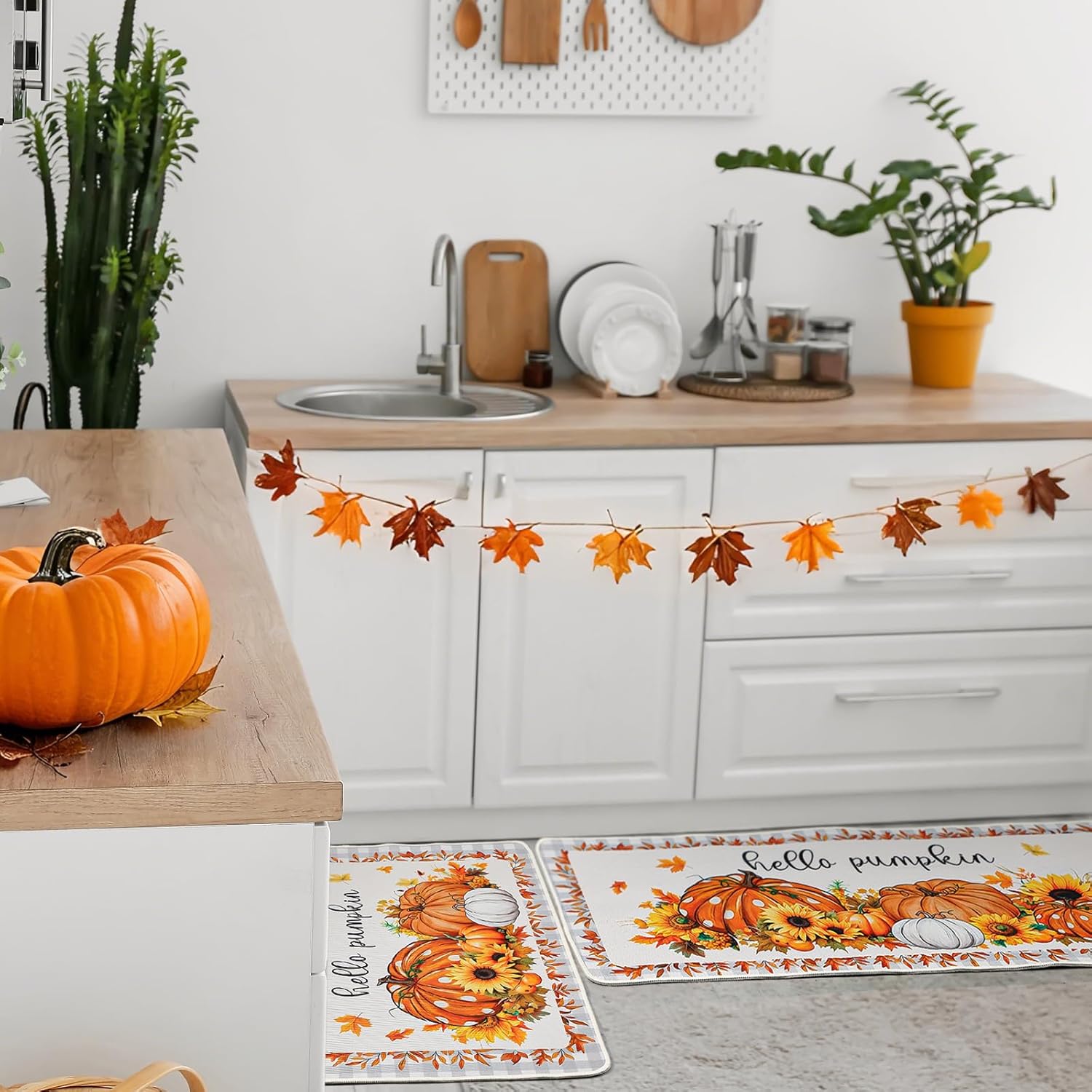 Nuanchu 10 Pcs Thanksgiving Kitchen Home Decor Set 4 Pumpkin Kitchen Dish Towels 2 Fall Pot Holders 2 Oven Mitt Rustic Rug and Mat for Cooking Baking Gift Harvest Autumn Home Decor