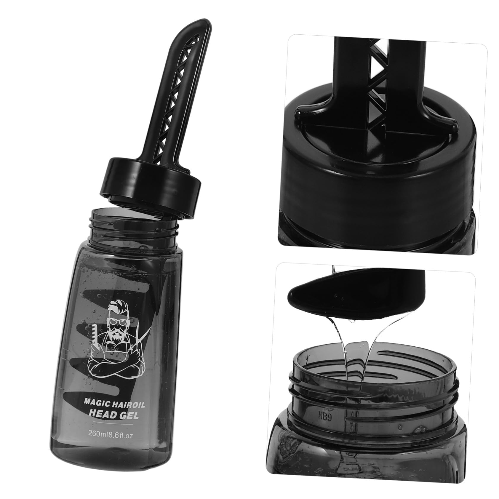 Botella Vacía de Gel Fijador Cabello 260ml de Plástico Negro con Peine Aplicador para Peinar y Moldear el Cabello 3piezas Adecuado para Barberos y Peluqueros