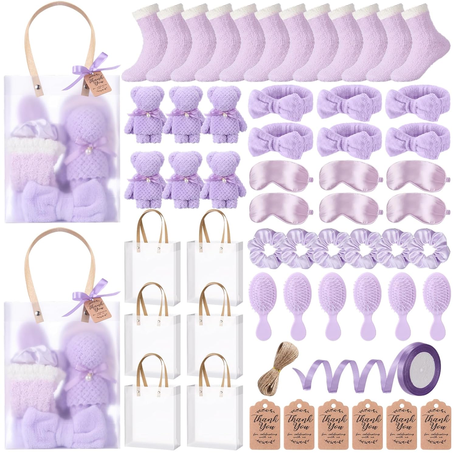 143 Pcs Shower Party Prizes for Game Winners, Guests Party Favors Set with Towels Socks Hair Bands Combs Eye Masks Cards, Spa Gift for Gender Reveal Bridal Showers(Purple)