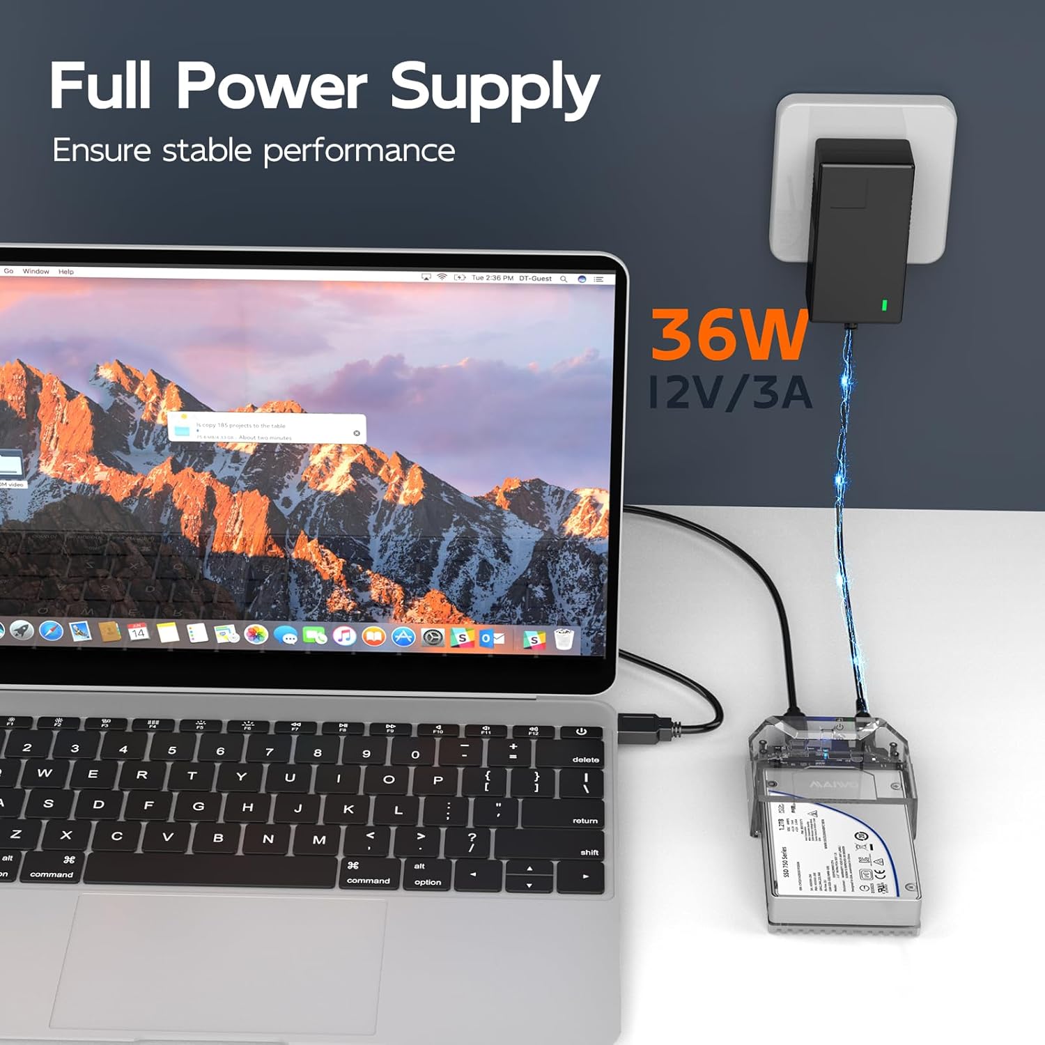 MAIWO U.2 NVMe SSD Enclosure, USB-C to U.2(SFF-8639) Adapter, External 2.5'' U.2 Enclosure, Tool Free, Clear, 12V/3A Power Supply Included, with Indicator Light