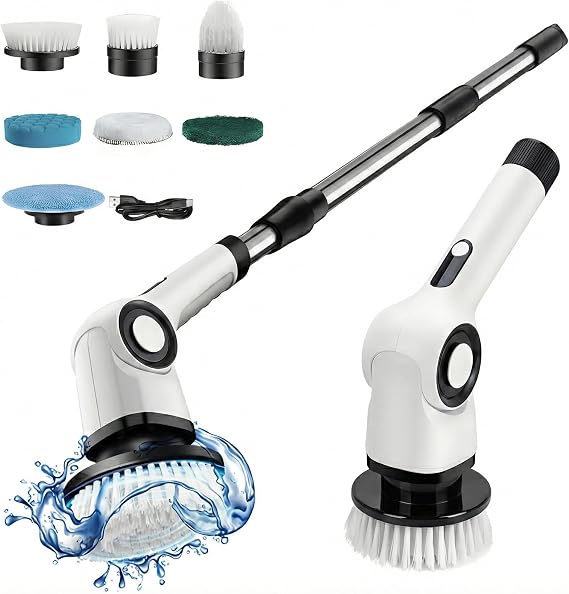 QUMOX Electric Spin Scrubber with LED Display, 7 Brush Heads & Adjustable Extension Handle, 120 Min Runtime, IPX7 Waterproof Power Cleaning Brush, 3-Speed Cordless Bathroom & Floor Scrubber