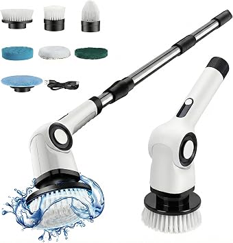 QUMOX Electric Spin Scrubber with LED Display, 7 Brush Heads & Adjustable Extension Handle, 120 Min Runtime, IPX7 Waterproof Power Cleaning Brush, 3-Speed Cordless Bathroom & Floor Scrubber