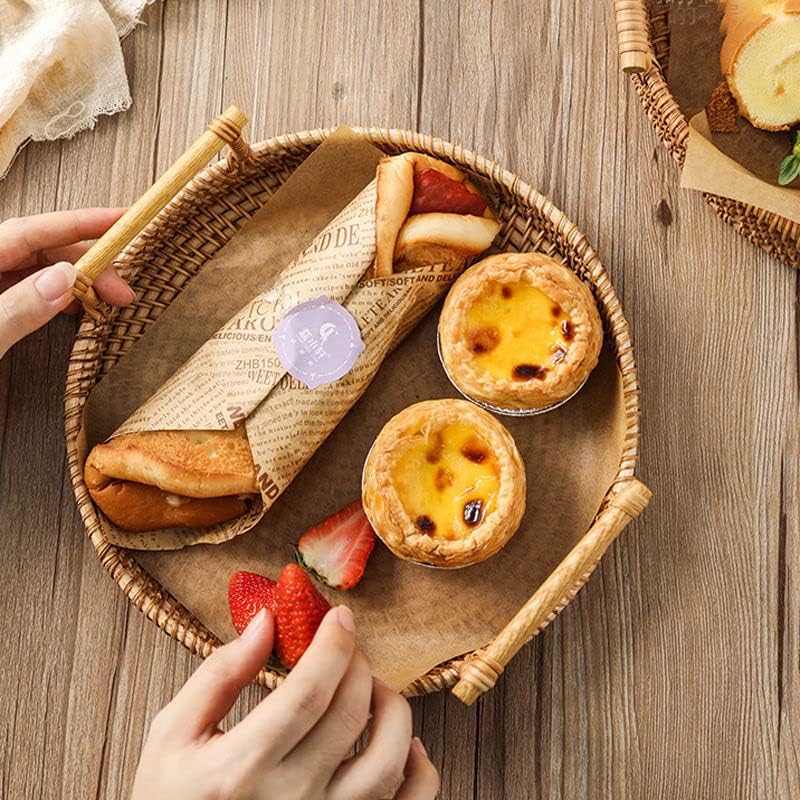 Rattan Round Serving Tray, Hand-Woven Serving Basket with Wooden Handles (12.6 inch / 32cm)