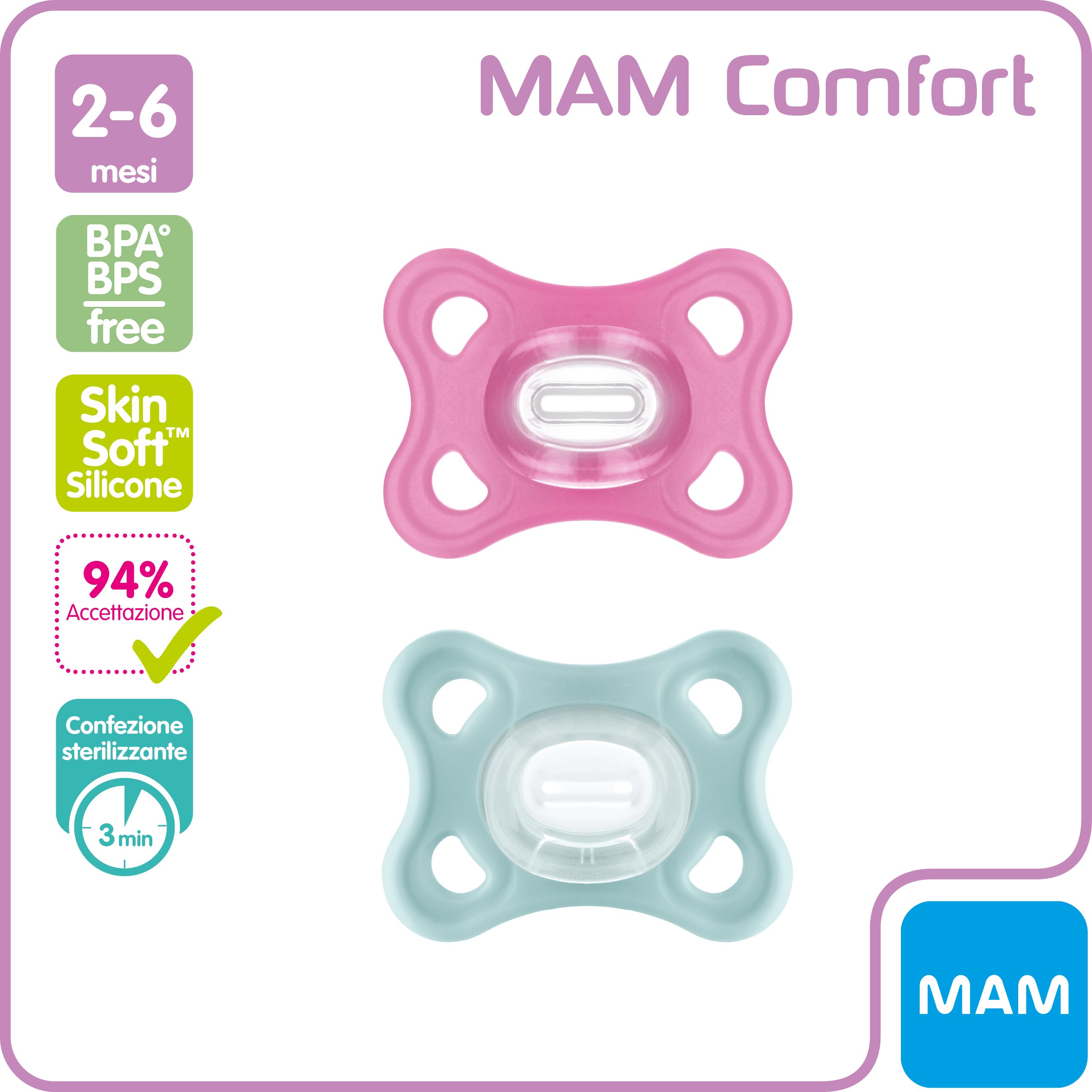 MAM Comfort Ciuccio in Set da 2, 100% Silicone, con Custodia Porta Succhietto, 3-12 mesi, Rosa
