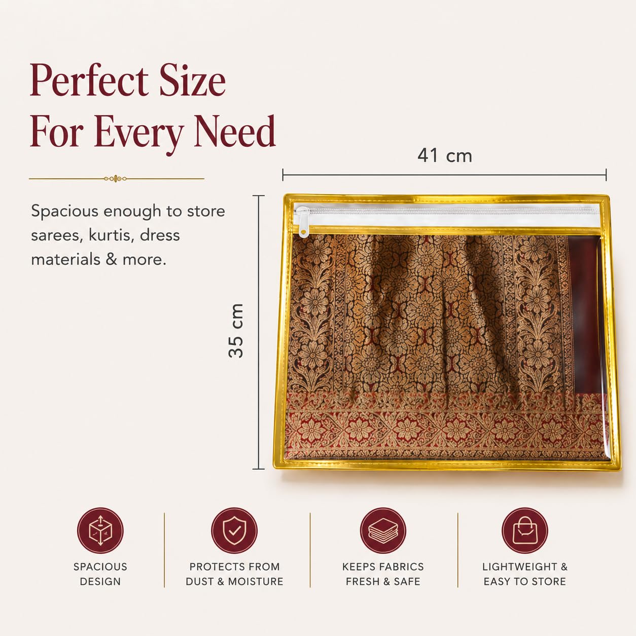 FabPax Saree Cover Set of 10 - Transparent Single Saree Bags with Zip, Dustproof Non-Woven Wardrobe Organizer for Silk, Designer, Wedding Sarees, Lehenga, Blouse, Suit (36x42 cm, Golden) 3