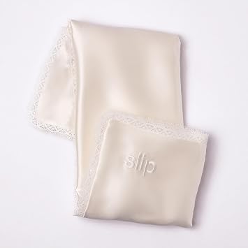 slip Charm Gift Set – White Queen Silk Pillowcase with Lace Trim, Black Large Scrunchie & White Skinny Scrunchie – Pure Mulberry Silk Hair & Sleep Essentials
