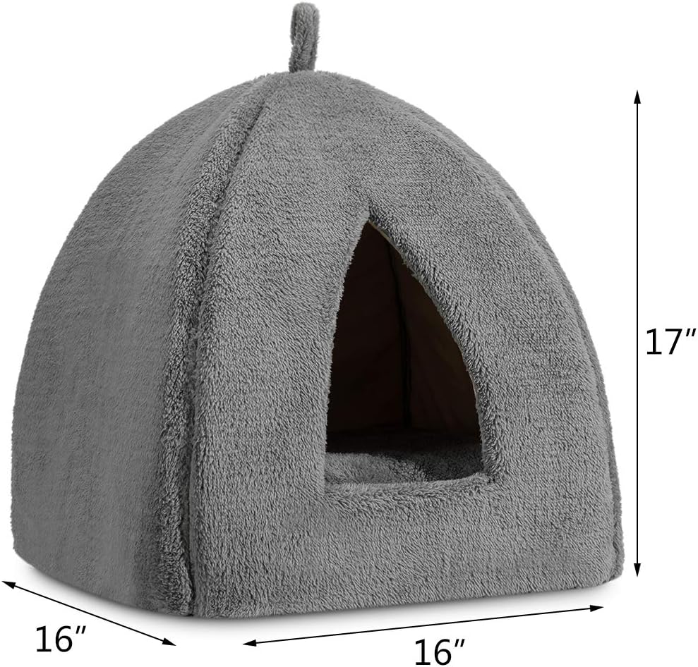 Hollypet Self-Warming 2 in 1 Foldable Cat Bed, 16 x 16 x 17 inches Comfortable Triangle Kittens Cave Tent House, Dark Gray