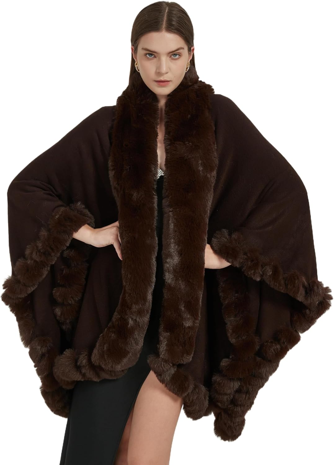 Faux Fox Fur Trim Cardigan Cloak Shawl Wraps Winter Poncho Oversized Cape