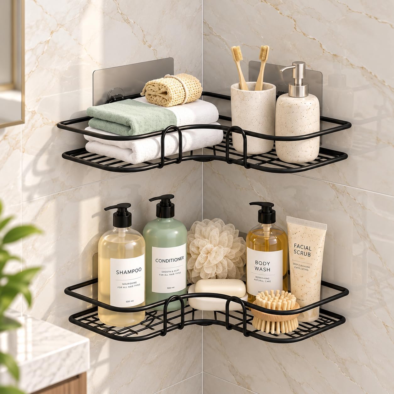 Plantex (Pack of 2 GI Wall Mounted Bathroom Corner/Shelf/Rack/Storage Organizer - Bathroom Accessories (Material-Metal,Powder Coated Finish,Black)