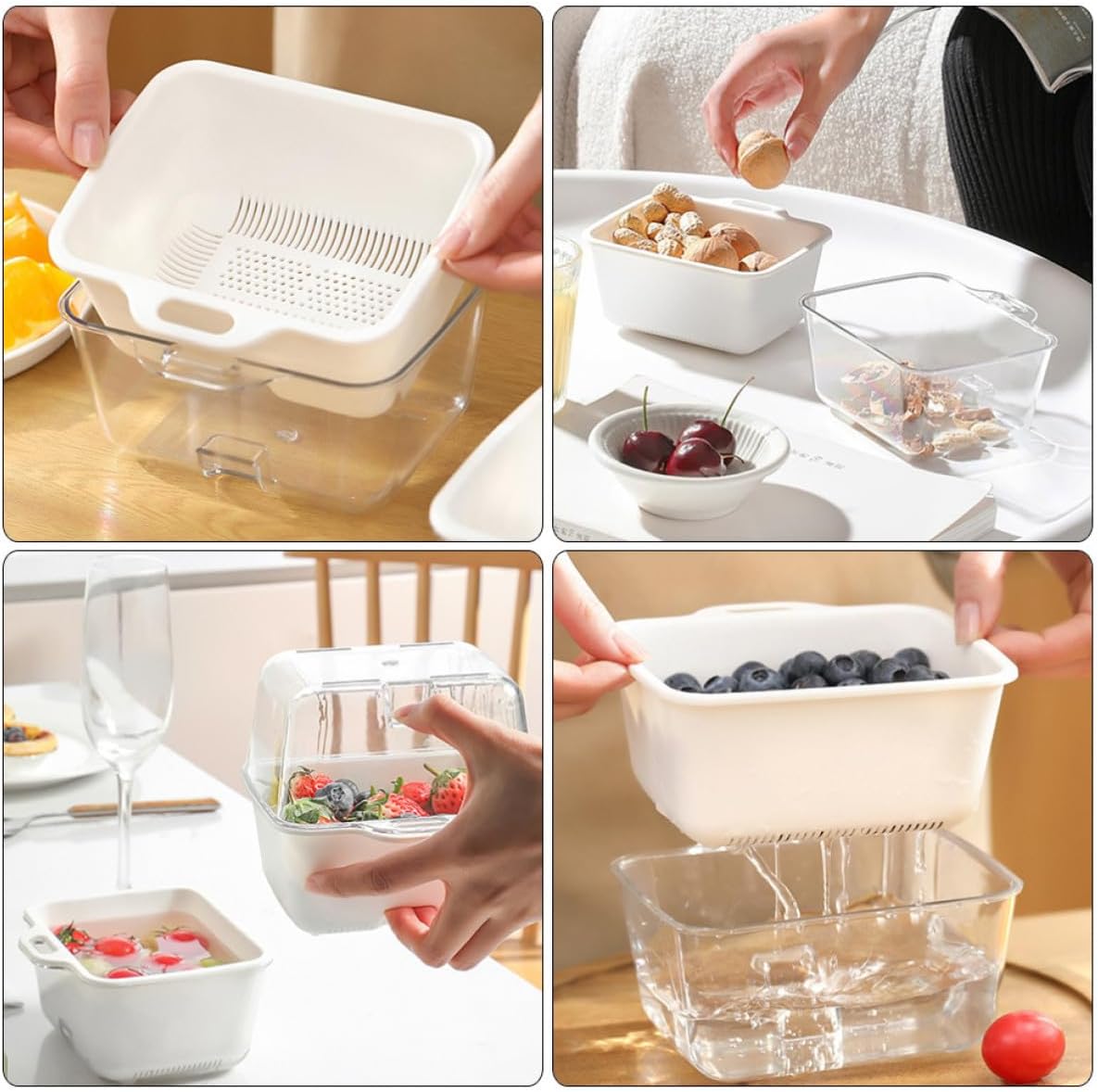 Double Layer Fruit Washing Strainer Basket for Kitchen Use, White Pp and Pet Material, Easy Storage and Dual Use, for Indoor Kitchen and Regular Fruit and Vegetable Draining