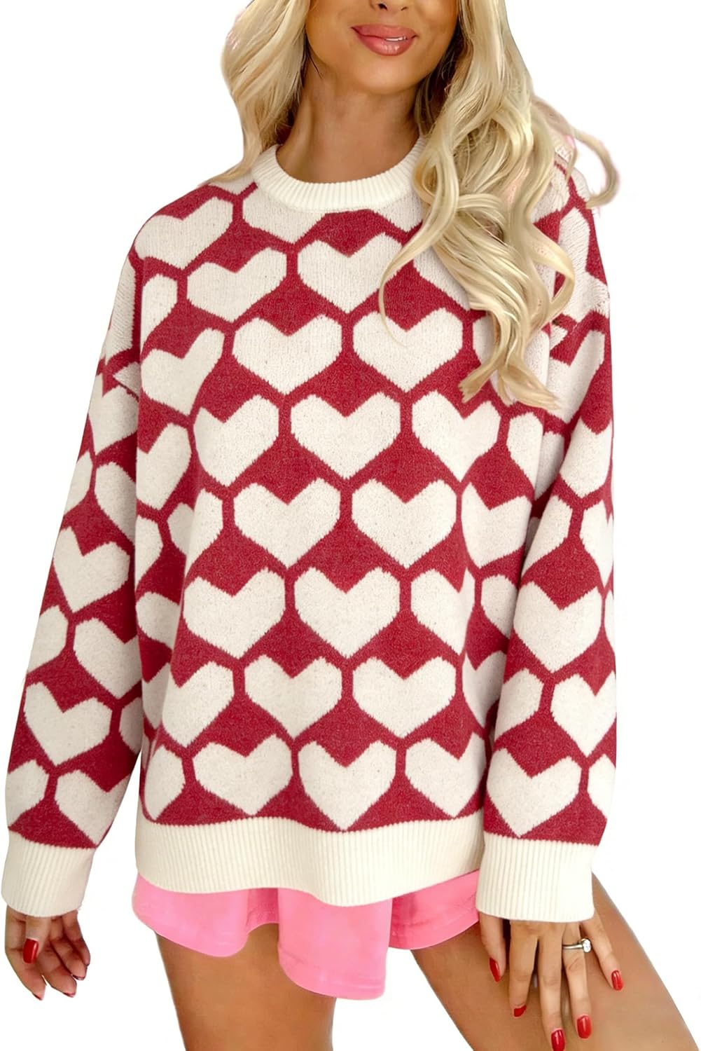 UNIQUEONE Valentines Sweater Women Love Sweatshirt Heart Graphic Knit Sweaters Valentine Day Oversized Crewneck Tops