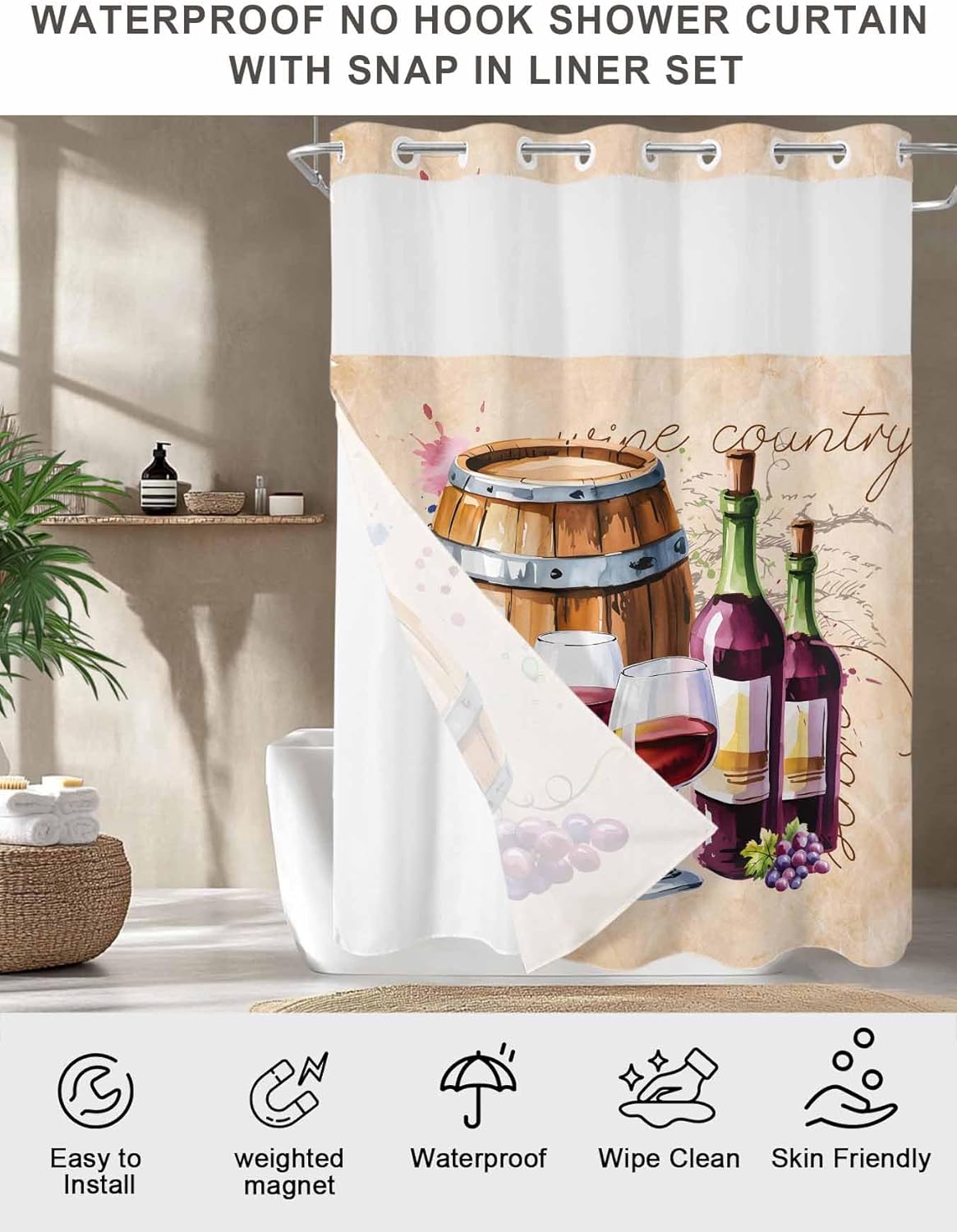 Prime Leader Wine Cask No Hook Shower Curtain with Snap in Liner Grape Wine Country Vintage Watercolor Shower Curtain for Bathroom, Fabric Waterproof Inner Liner with Mesh Top Window, 60x72