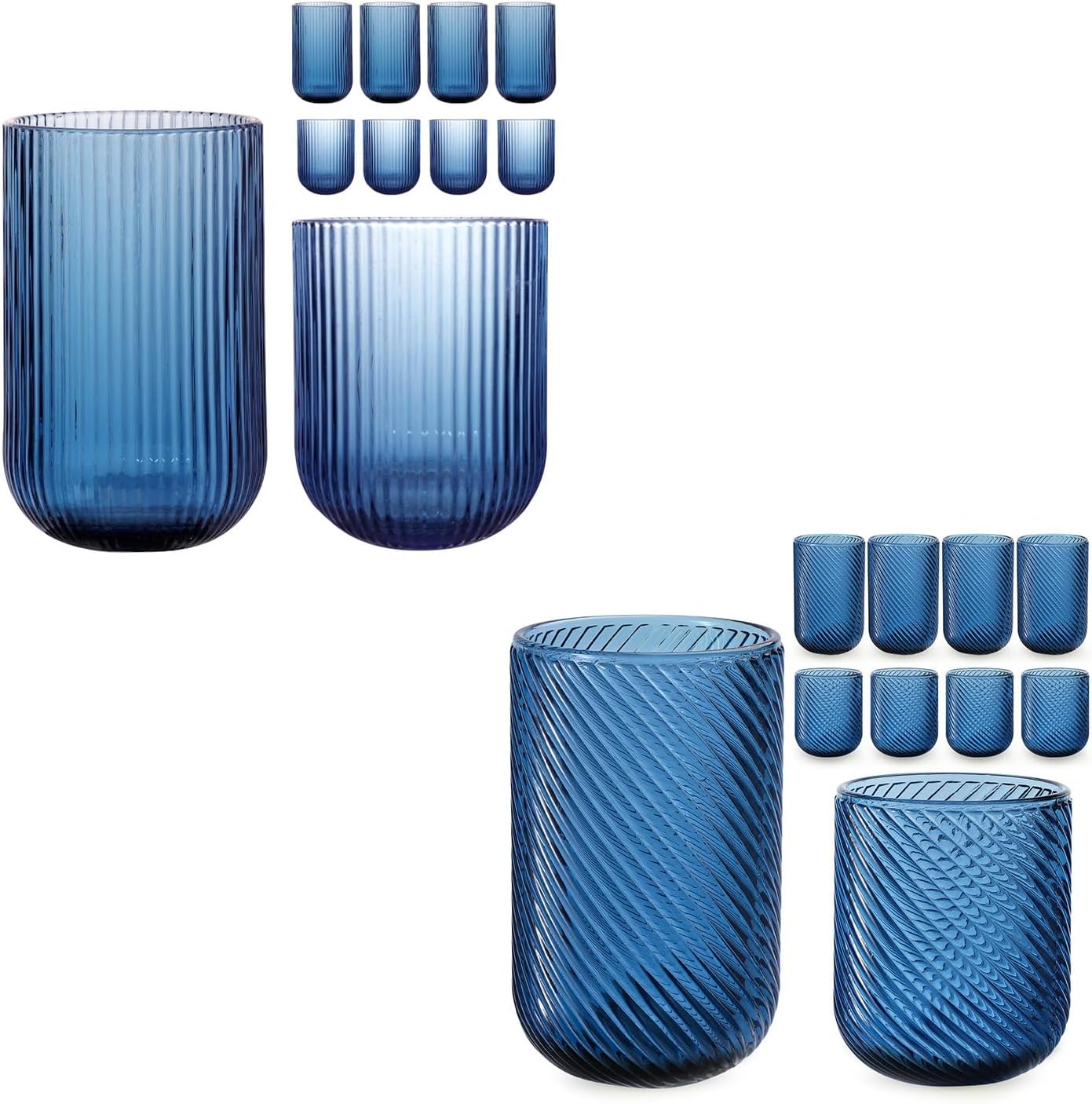 Set of 16 vintage Glassware,8 Highball Glasses 14oz & 8 Rocks Drinking Glasses 9oz, Blue, fluted ribbed & leaning ribbed