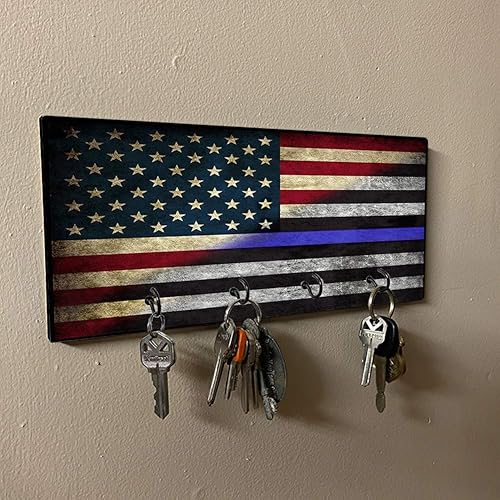 Miniatura 2 de Soporte para llaves de bandera americana, diseño de línea azul fina, color rojo, blanco y azul, organizador de llaves para colgar en la pared, para