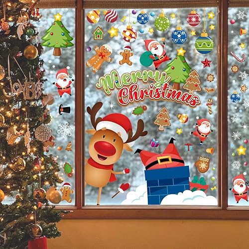 Horaldaily 139 calcomanías de Navidad para ventana, muñeco de nieve, Papá Noel, ciervo, hombre de jengibre para el hogar, fiesta, tienda, ventana,