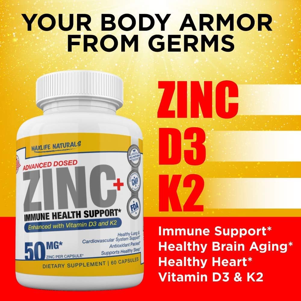 Zinc Picolinate 50mg with Vitamin K2 MK-7 + Vitamin D3 5000 IU, Zinc 50mg with 120mcg Vitamin K2 as MK7, Non-GMO Zinc Supplements Easy to Swallow Alternative to Lozenge, Chewable Tablets, Liquid Zinc