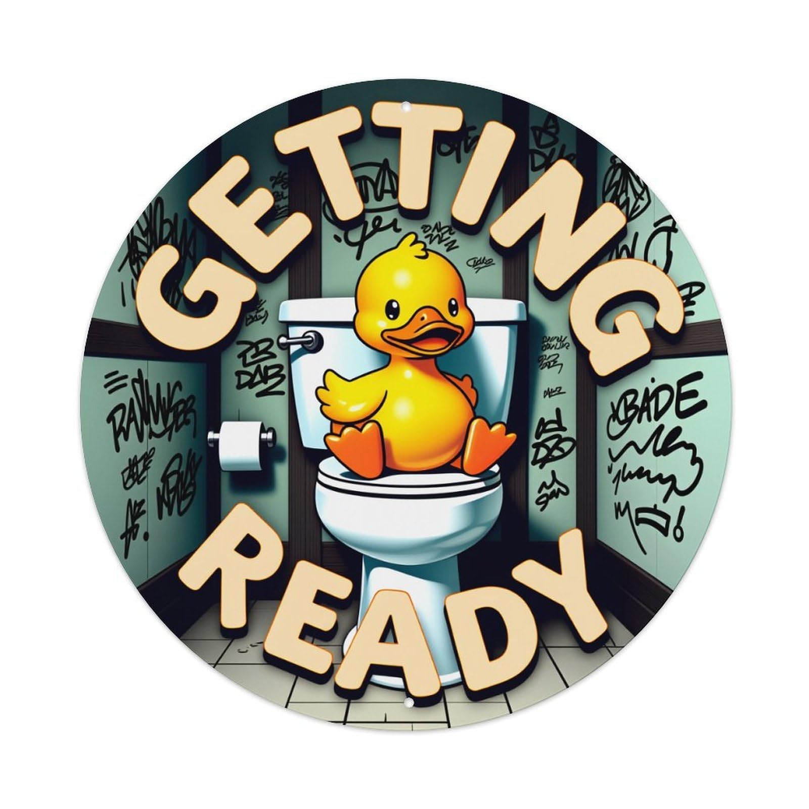 Wmlzdnwr Vintage Duck On Toilet Graffiti Bathroom Scene Round Tin Sign,Retro Wall Art,Metal Poster For Home, Bar, Garage, Cafe, Rustic Indoor & Outdoor Decor, 8X8 Inches