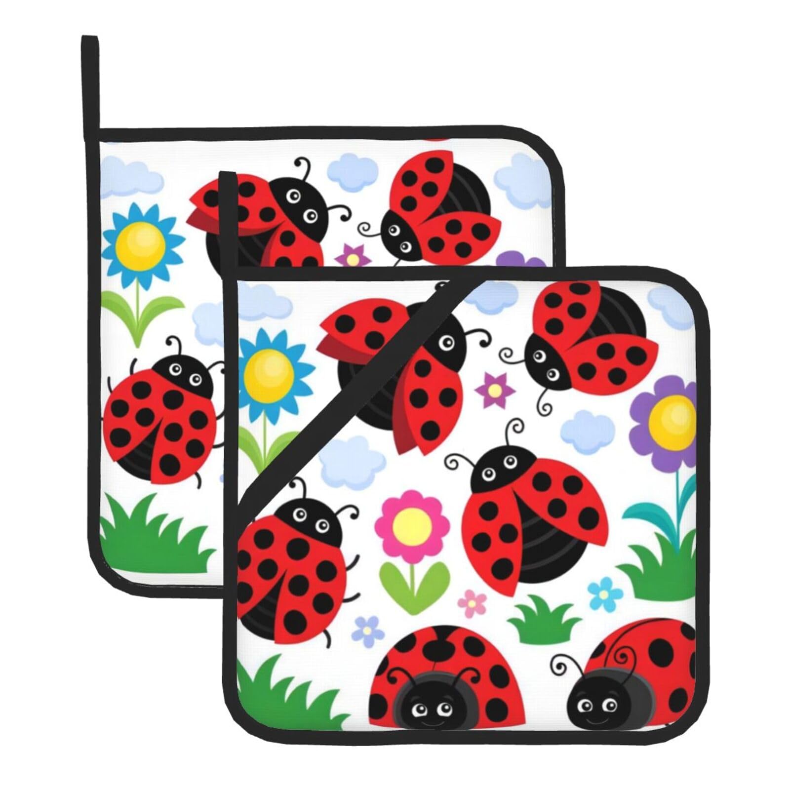 YYHWHJDE Cartoon Ladybug Flower Prints Square Hot Pads for Kitchen Counter - Waterproof Pot Holders with Hanging Loop, Durable Trivets for Microwave Oven - 2 Pack