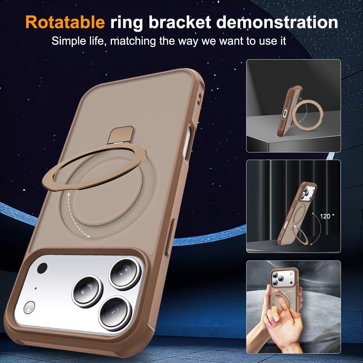 Compatible with iPhone 17 Pro Max Case with Invisible Magnetic O-Ring Stand Military-Grade Translucent Case for iPhone 17 ProMax 6.9" [Compatible with Mag-Safe][Great Grip Feeling],Desert Brown - Image 2