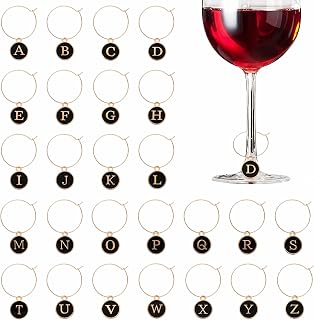 26 Pieces Wine Charms for Stem Glasses with Ring Tags, Metal Letters Glass Charm Goblet Markers Wine Glass Charms for Cocktail Champagne Christmas Wedding Party Favors Decorations