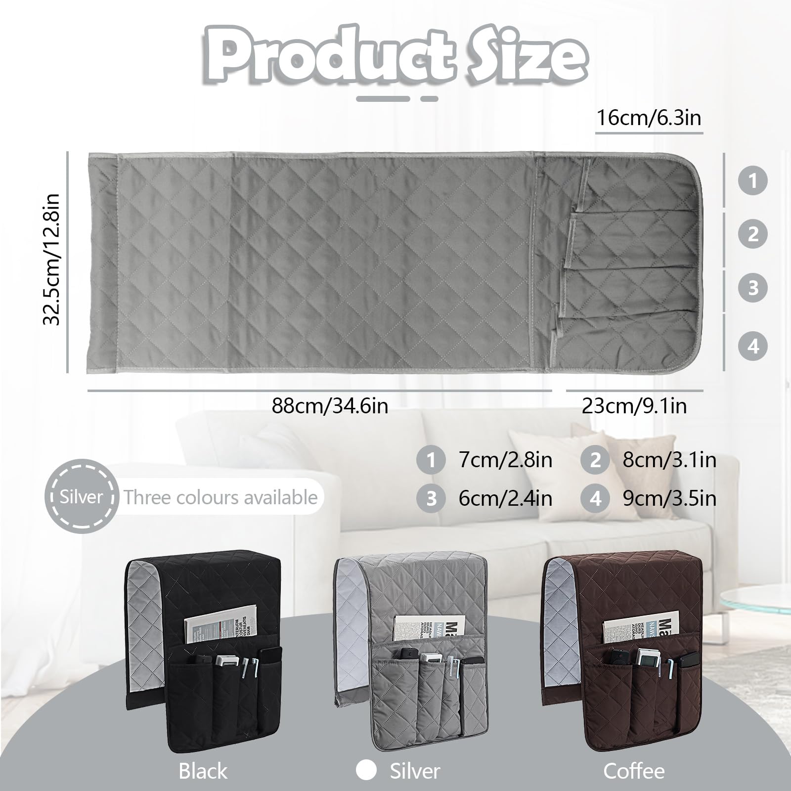 Huakaile Foldable Remote Control Holder Non-Slip Couch Sofa Chair Waterproof Armrest Organizer with 5 Pockets Armrest Organizer Couch Recliner Caddy Fits for Ipad, Phone, Magazines (Grey)