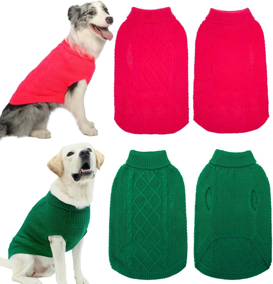Mihachi Turtleneck Dog Sweater - Winter Coat Apparel Classic Cable Knit Clothes with Leash Hole for Cold Weather, Ideal Gift for Pet in New Year, Red & Green L
