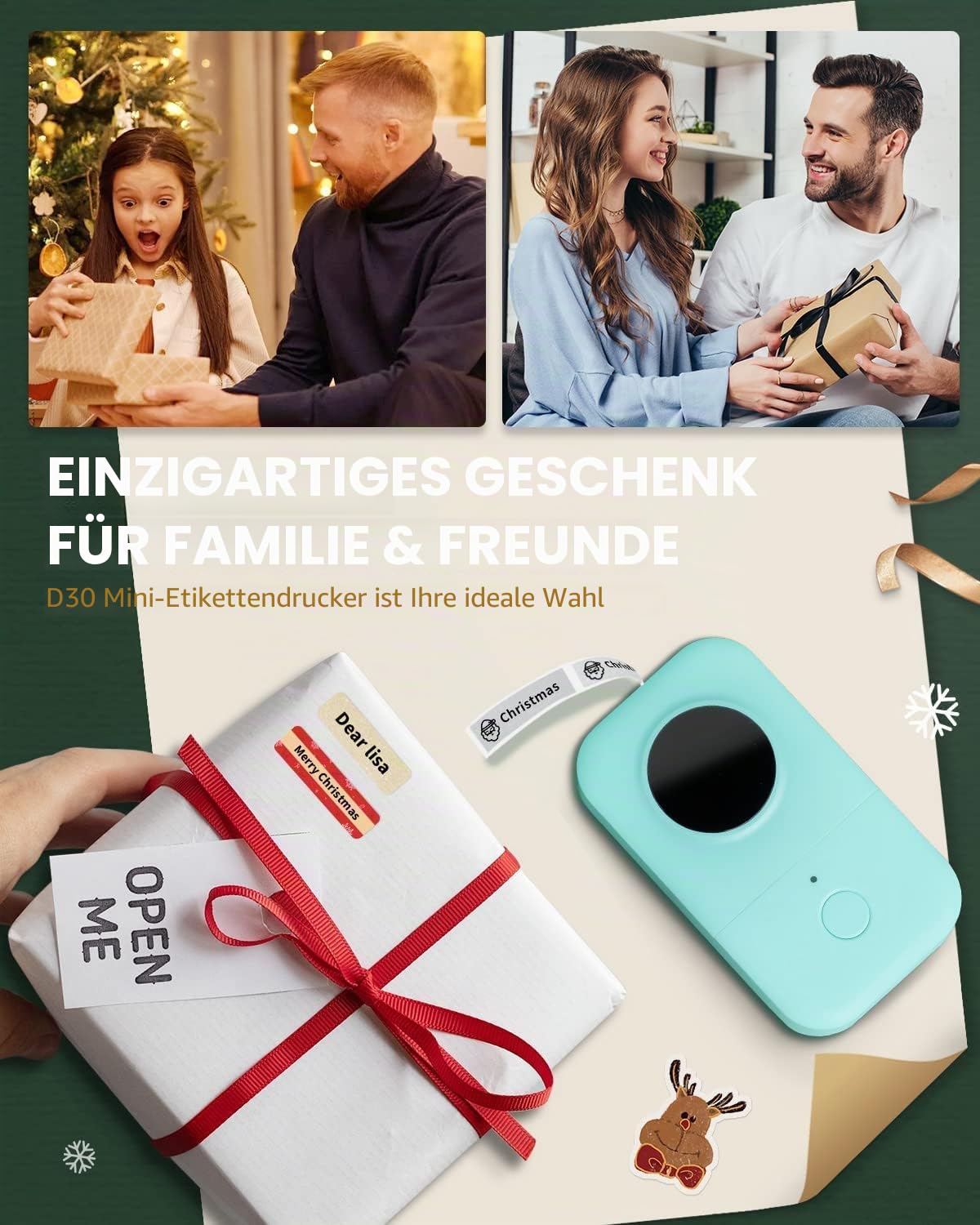 Phomemo D30 Bluetooth Etikettiergerät Beschriftungsgerät Selbstklebend Mini Etikettendrucker,Label Printer mit 3 Rollen etikettenpapier Geschenkbox,Labelmaker Geeignet für Haushalt und Büro - Grün
