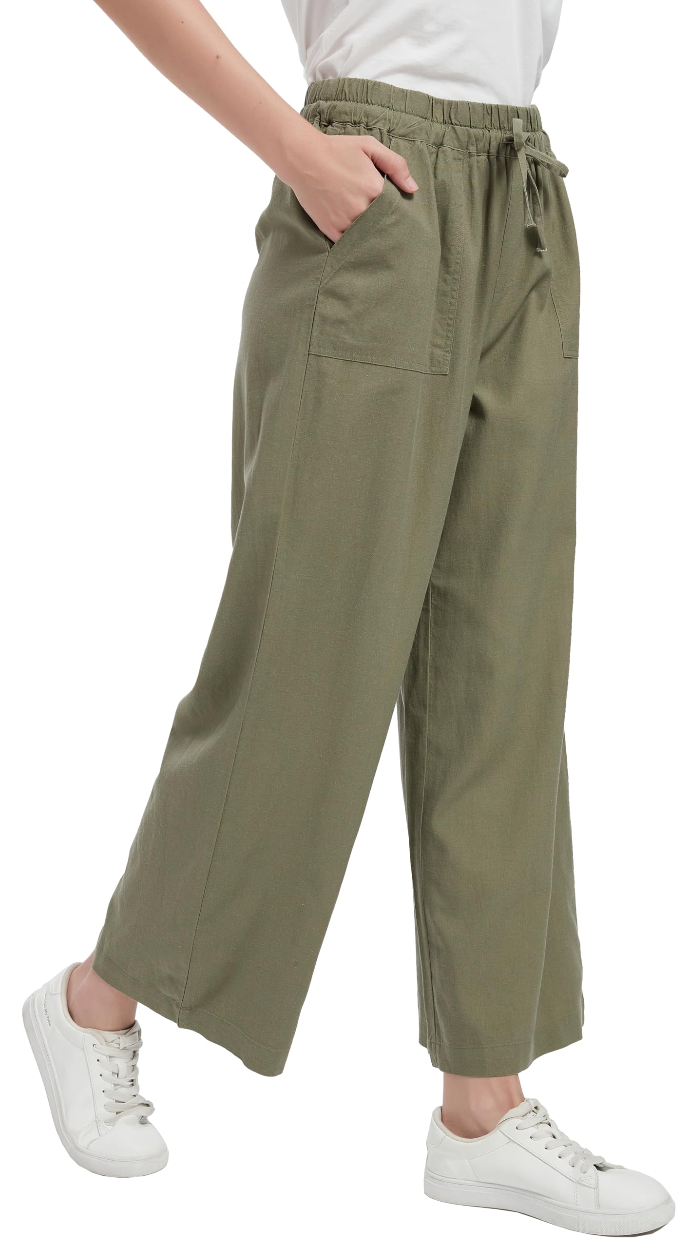 Tronjori Women Linen Blend Palazzo Pants Summer Boho Wide Leg High Waist Casual Lounge Pant with Drawstring