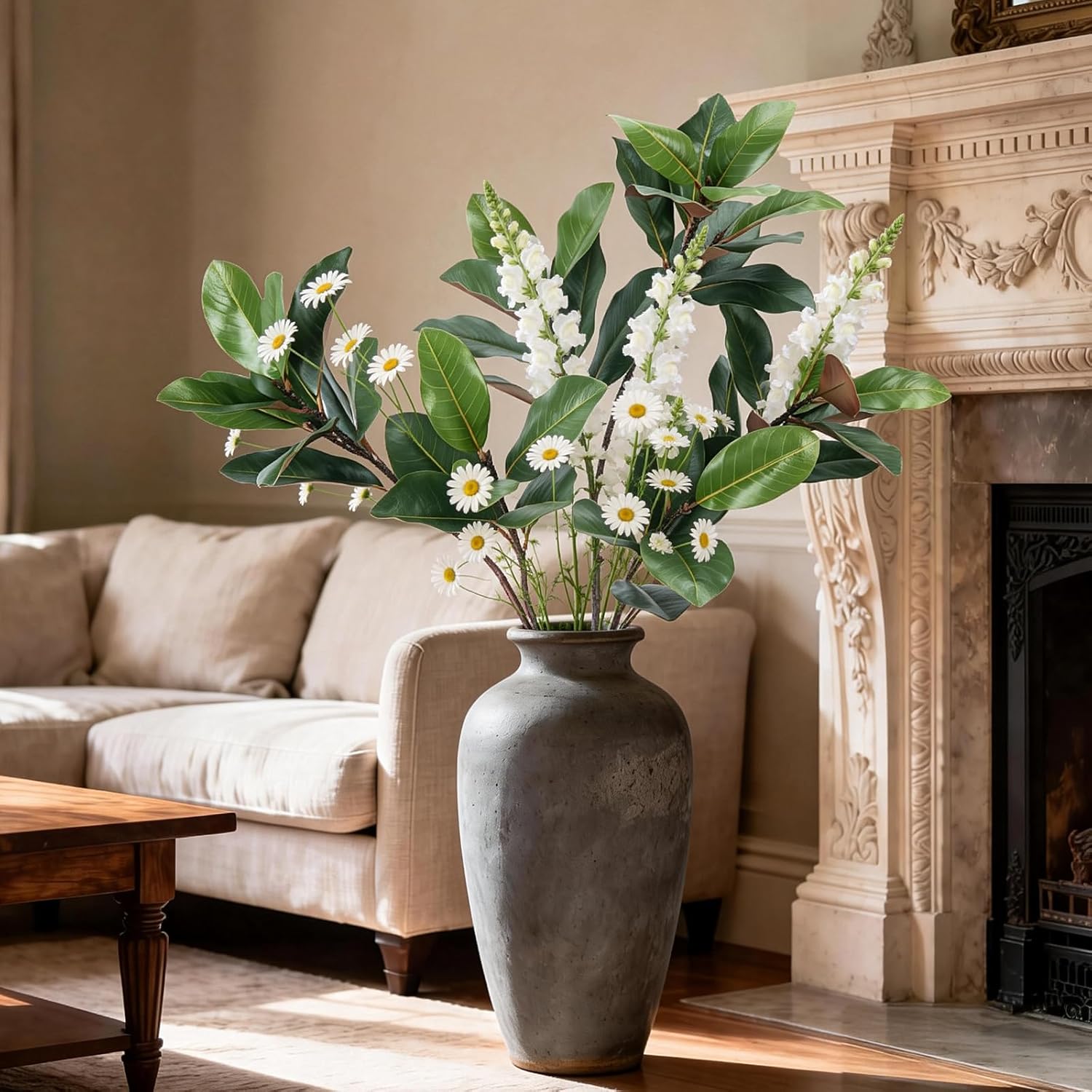 3 PCS 32" Faux Magnolia Stems Branches with 17 Leaves Artificial Greenery Long Stems Realistic Fake Banana Leaves Decorative Plants for Vase Kitchen Office Table Home Decor