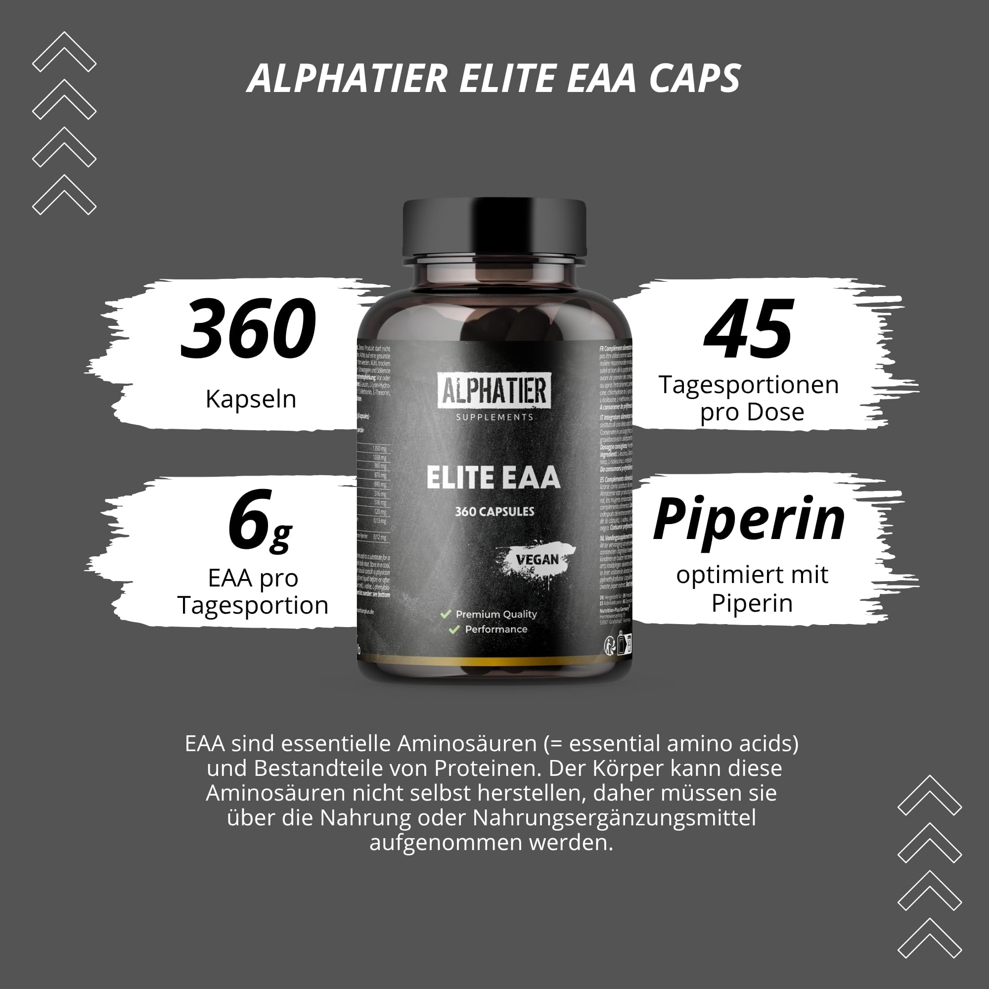 Alphatier EAA Kapseln - 360 Mega Caps 750mg - hochdosiert vegan - 8 essentielle Aminosäuren - EAAs Eiweißkapseln ohne Zusätze - Amino Supplement
