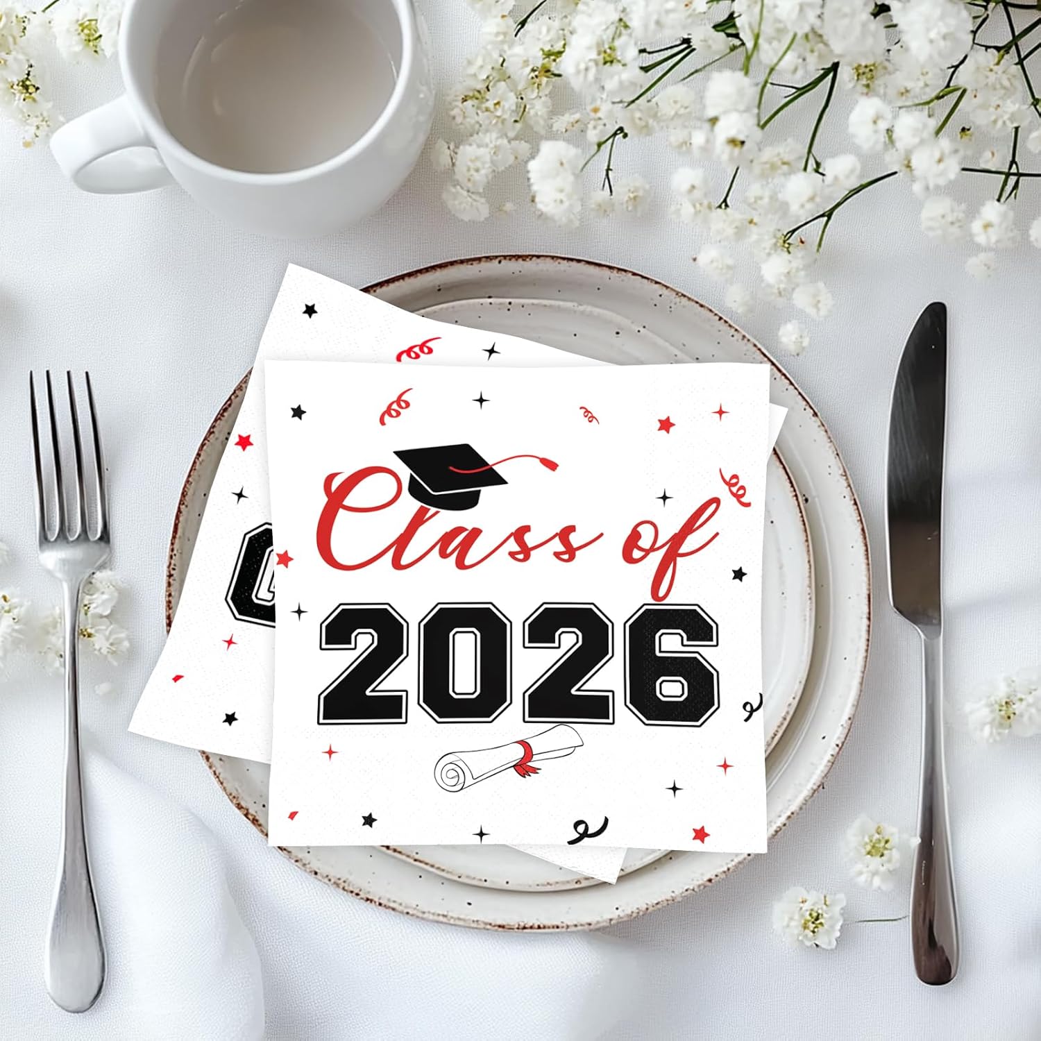 Class of 2026 Graduation Napkins, 3-Ply Disposable Congrats Grad Paper Napkins for Dinner and Cocktail Party Decorations, School and College, 6.5-Inch Square (200, Black Red)